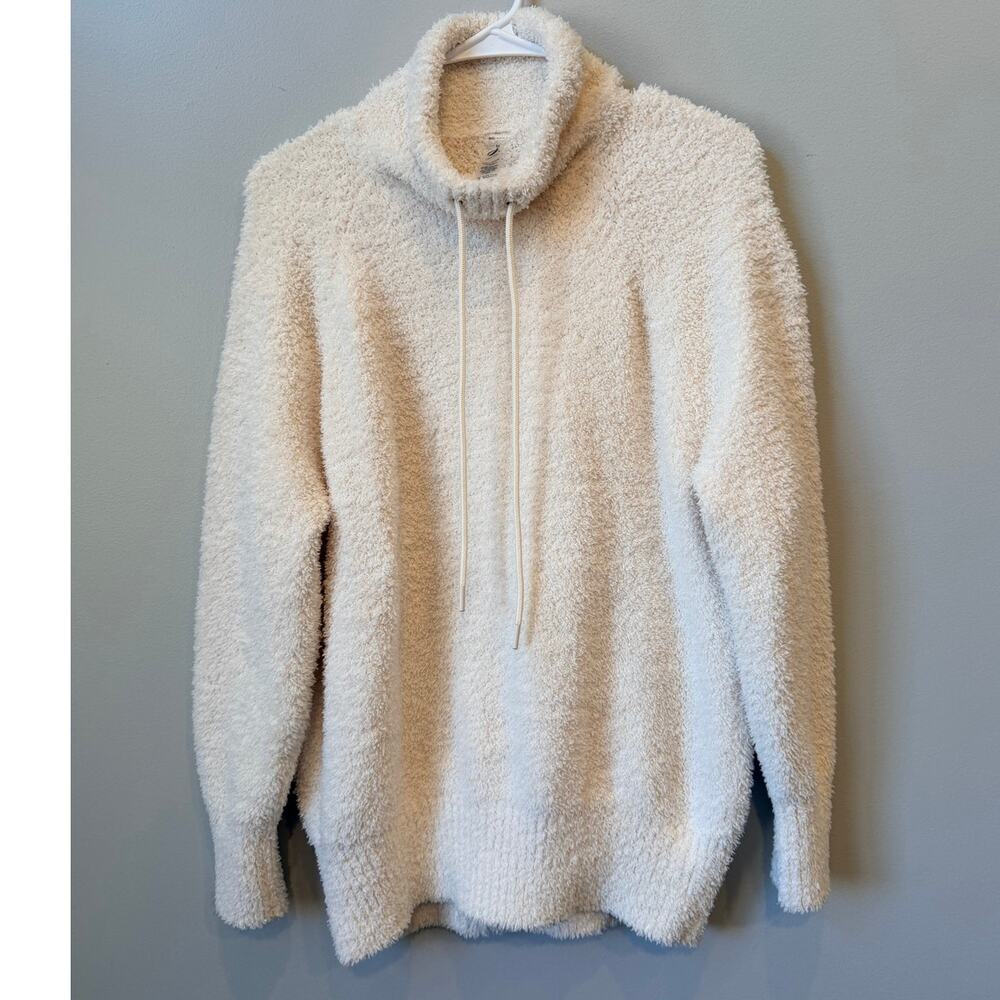 Lou & Grey Plush Fuzzy Plush Cowl Neck Drawstring Teddy Sweater Cream Medium